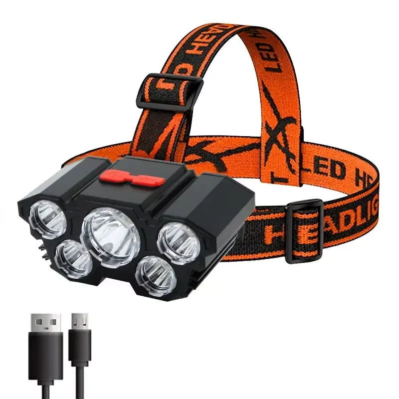 ភ្លើងពិល LED 5 គ្រាប់ អាចសាកបាន ជាមួយថ្ម 14500 ភ្ជាប់មកស្រាប់ ពន្លឺខ្លាំង សម្រាប់បោះតង់ ផ្សងព្រេង នេសាទ ភ្លើងមុខ