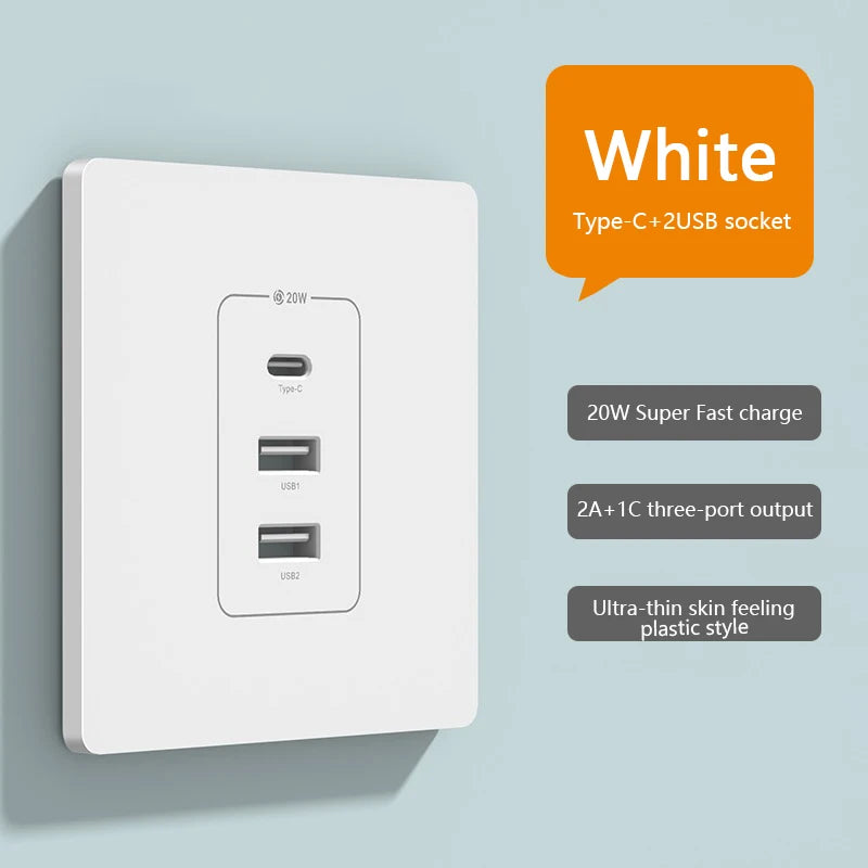Universal 20W Super Fast Smart Charge Type C USB Port Glass Plastic Power Wall Socket Plug,Quick Charge Adapter Dual USB Socket
