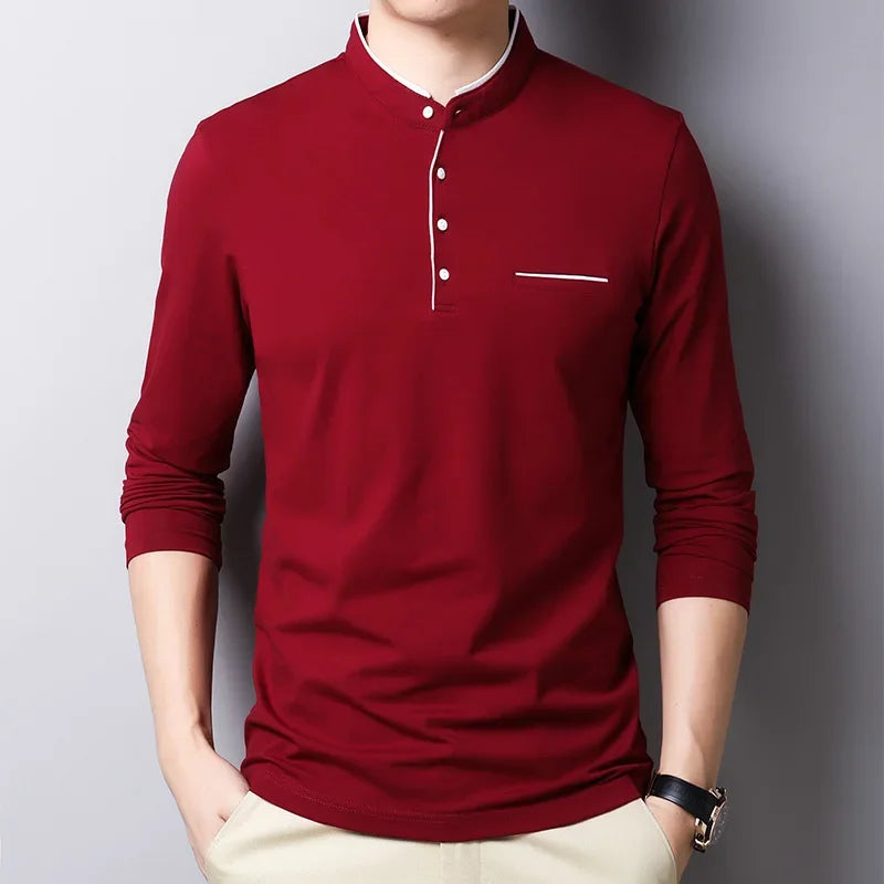 Men's Korean Style Business Casual Long Sleeve T-Shirt Three Button Stand-up Collar Comfortable Versatile Top for Men