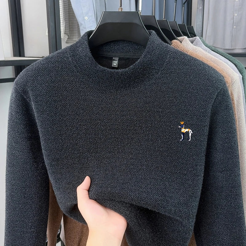 Man Long-Sleeve Knit Top Crew Neck Fleece-Lined Thickened Exquisite Embroidery Autumn Winter Leisure Keep Warm Men's Clothing