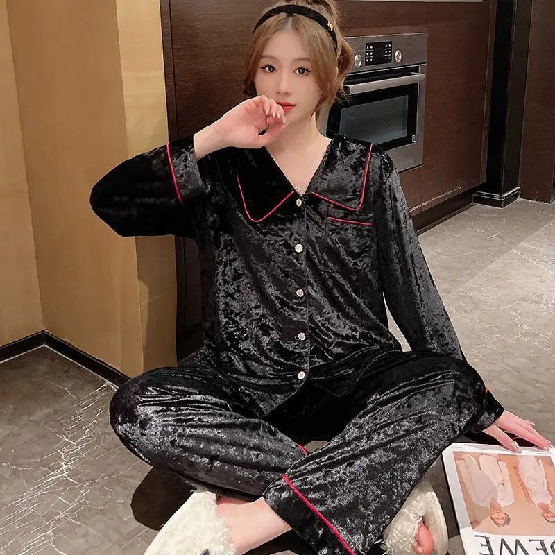 New Elegant Lapel Winter Pajamas Women Warm Gold Velvet Bead Buttons Long Sleeve Tops Pant Set Pyjama Pour Femme Home Clothing