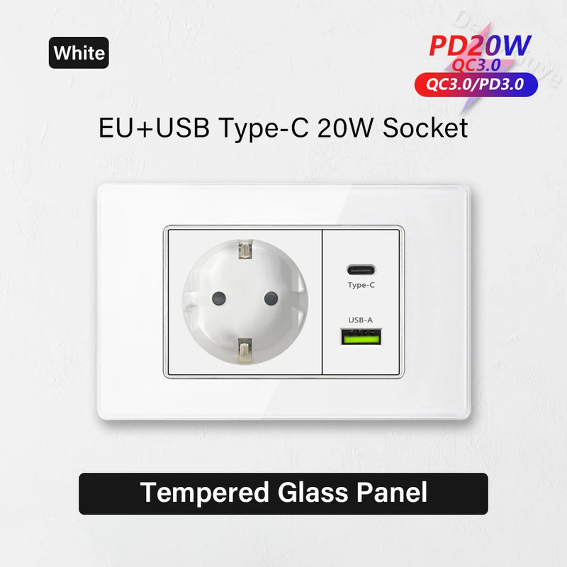 White Tempered Glass Panel Wall Light Switch Rocker Button EU Sockets Fast Charging CAT6 TV Power Outlet 118*75mm 16A AC110-250V