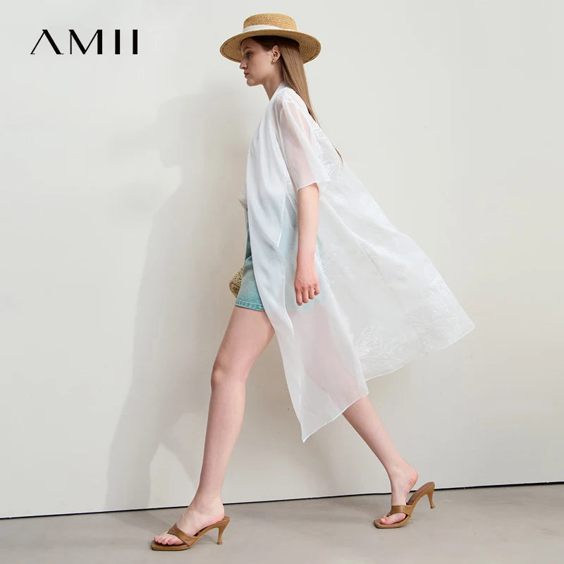 Amii Minimalism Vacation Chiffon Shirt 2026 Summer New Office Lady Thin Loose Transparent Embroidery Floral Cardigan 12552108