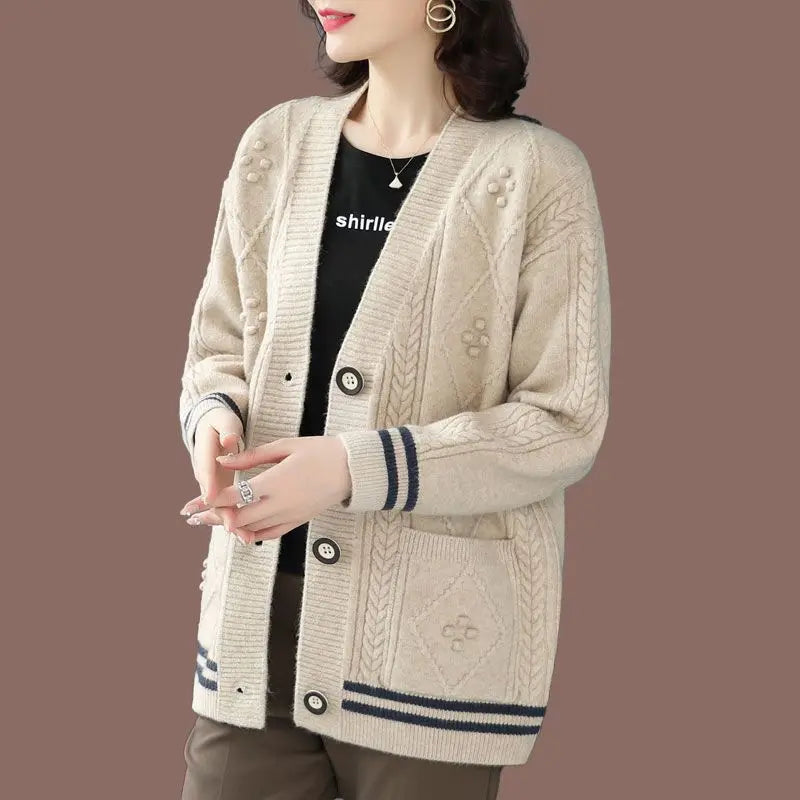 អាវក្រៅ Cardigan សម្រាប់នារី ម៉ូដអាវប៉ាក់រលុង អាវធំប៊ូតុងហោប៉ៅ អាវម្តាយវ័យកណ្តាល អាវធំសម្រាប់នារី រដូវស្លឹកឈើជ្រុះ រដូវរងា