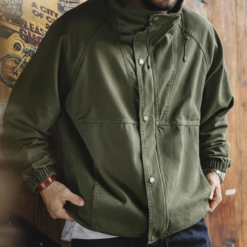 អាវធំ Maden បុរស Vintage M-65 Field Jacket ពណ៌បៃតងកប្បាស Zipper Army Coat Stand Collar Drawstring Windbreaker សម្រាប់រដូវផ្ការីក និងរដូវស្លឹកឈើជ្រុះ