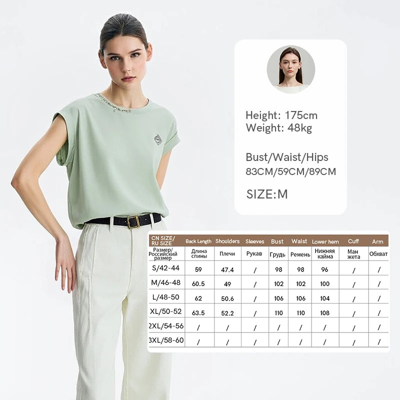 Amii Women's Short Sleeve Tee 2026 Summer New Round Neck Rhinestone Ribbon Stretch Cotton Tee Casual Top For Women 12622034