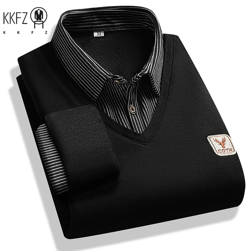 Fashion Men Striped Collar Knitted Top Fake Two Piece Pullover Long Sleeve Business Commute Knit Sweater With Small Logo