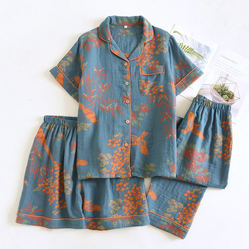 Summer Wear Female Clothing Lapel Short Sleeve Sleepwear New 3PCS Pajamas for Woman Nightwear Floral Print Homewear Pyjama Set