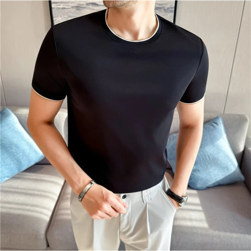 Men's 7A Antibacterial Color-Blocked Rib Mock Two-Piece T-Shirt | Liquid Ammonia Cotton, Business Casual Basic