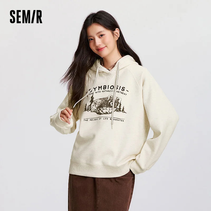 Semir Hooded Sweatshirt Fleece Graphic Pullover Women 2025 Winter Loose Fit Casual Wear Long Sleeve Top