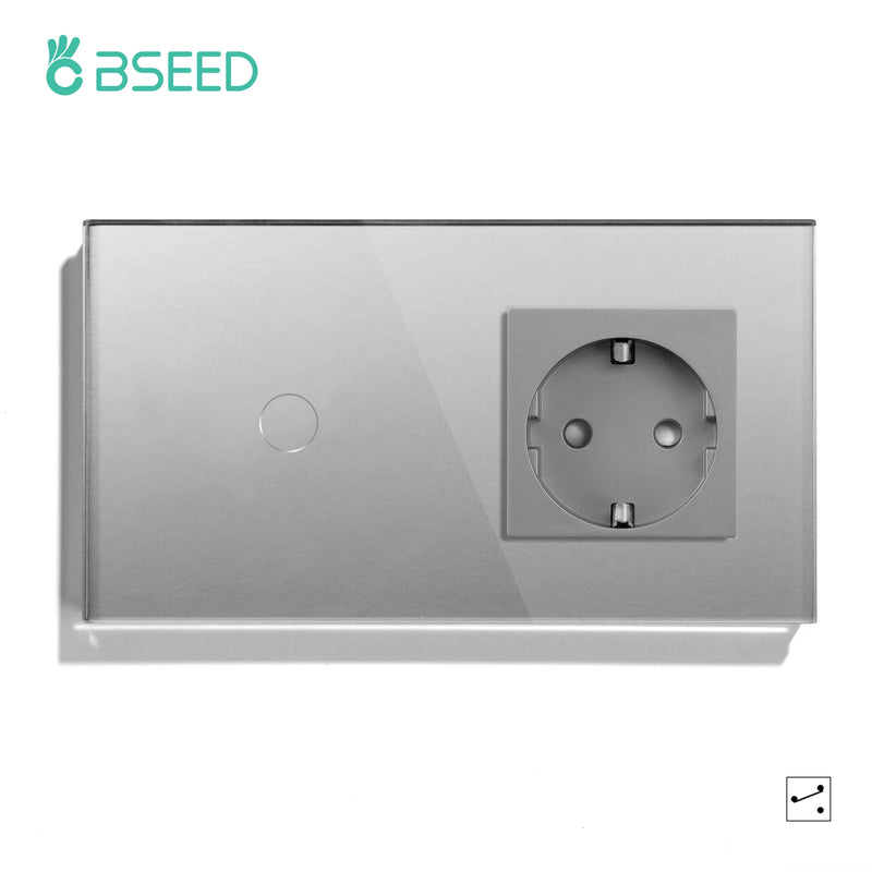 Bseed Wall Touch Light Switch 1/2/3Gang 2Way Light Switch With EU Socket USB Type-C Glass Panel Blue Backlight 240V for Stairs
