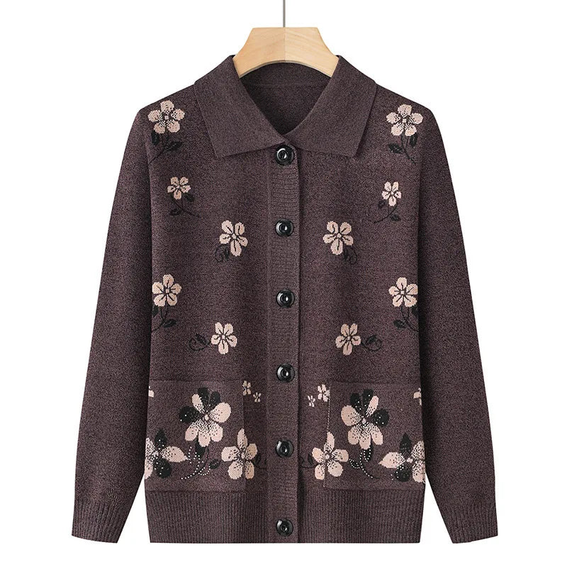 Grandma's Spring Autumn Cardigan Lapel Sweater Winter Womens Clothing Vintage Knitting Middle Aged Mother Knitwears Coat 4XL