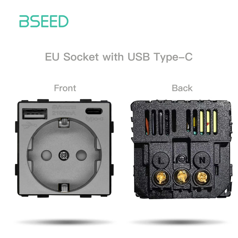 BSEED EU Standard Wall Power Socket USB Outlet Without Glass Panel DIY Function Parts Type-C Charge Port Part 110-250V 16A