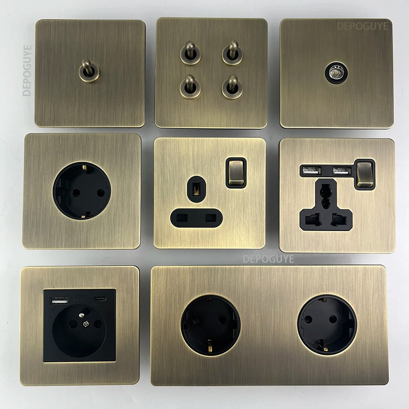 Retro Eu Metal Panel Wall Toggle Light Switch Socket,Bronzed Antique Stainless Steel German 16A Socket with USB Phone Charging