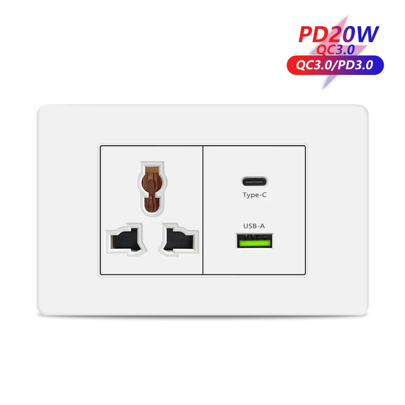 EU Korea Power Plug with 16A Usb Wall Socket,Electric 2Way Light Switch Panel,Universal USB Type-C 20W Fast Charging Outlet 220V