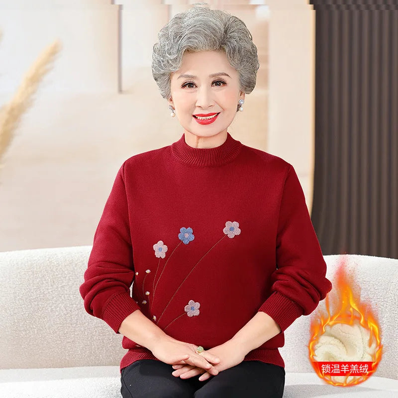 Thick Velvet Women's Bottoming Top Autumn Winter New Grandma Half Turtleneck Knit Sweater Middle Aged Mother Pullover Shirt