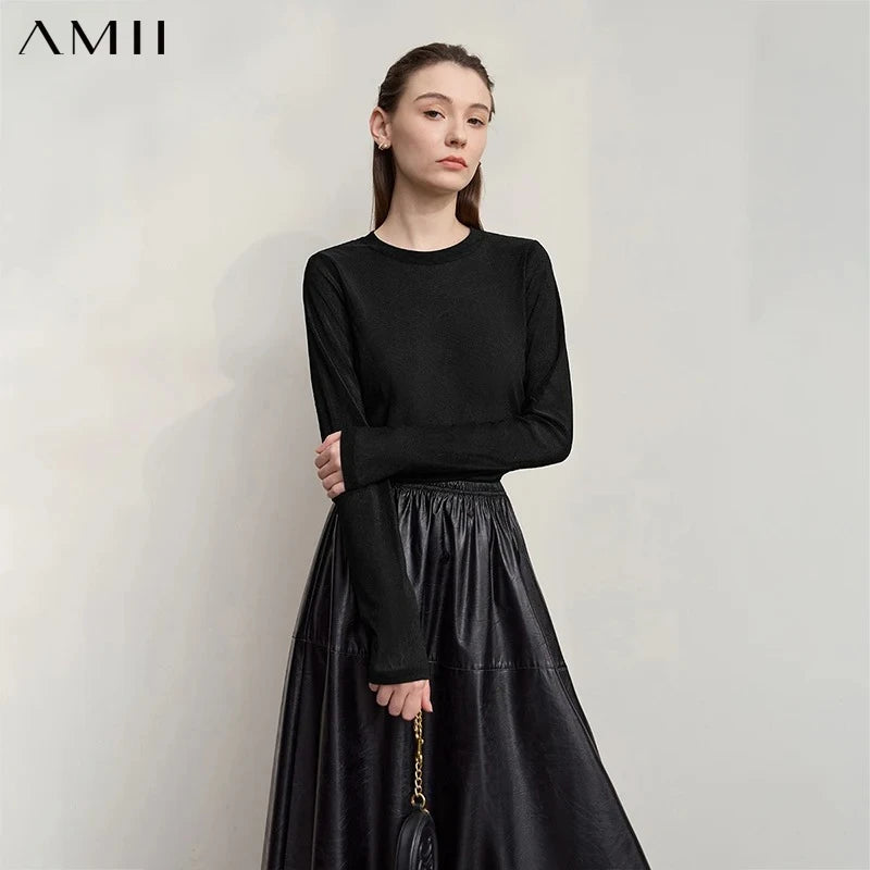 Amii Long Sleeve T-shirt 2026 Autumn New Shiny Casual ONeck Slim T-Shirt Women's Solid Color Versatile Mesh Knitted Top 12523045