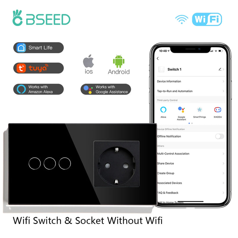 BSEED Wifi Light Switches Smart Wall Switch 1/2/3Gang 1/2/3/4Way Touch Sensor Switch With Normal Socket Support Tuya Smart Life