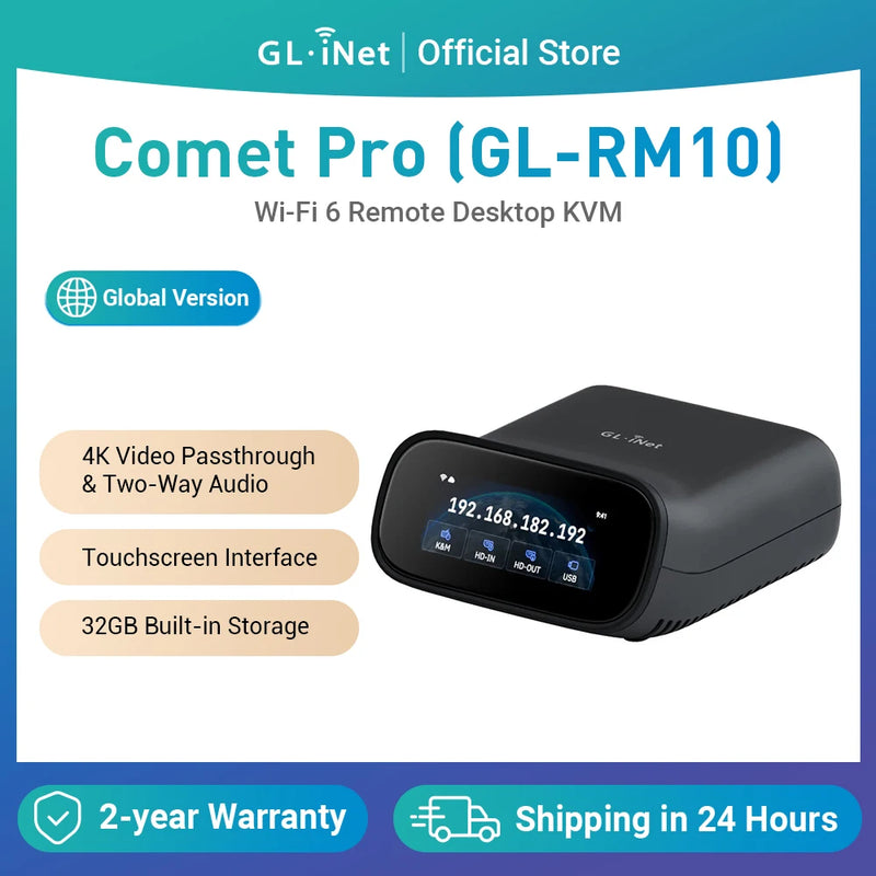 GL.iNet Comet Pro (GL-RM10) ឧបករណ៍បញ្ជាពីចម្ងាយ KVM Wi-Fi 6 4K@30Hz អេក្រង់ប៉ះ Passthrough 32GB EMMC ការចូលប្រើពីចម្ងាយ ការសង្គ្រោះគ្រោះមហន្តរាយ