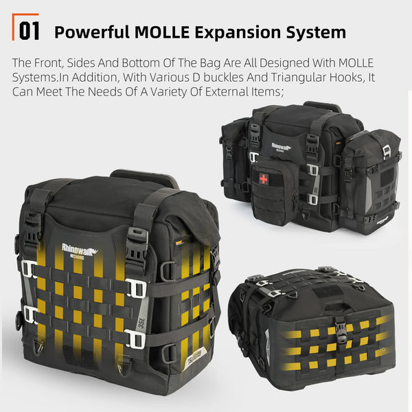 កាបូបចំហៀងម៉ូតូ Rhinowalk ចំនួន 2 ដុំ ទំហំ 35 លីត្រ កាបូបដាក់លើកែបម៉ូតូរហ័ស ជាមួយនឹងបន្ទះទ្រទ្រង់ខាងក្រោយប្រឆាំងនឹងការលួច ប្រព័ន្ធ Molle