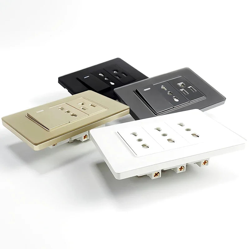 T&I Wall Switch Sockets With USB TypeC  Fast Charging, Italy Socket , Chile Schuko Outlet, Tempered Glass Panel for Home