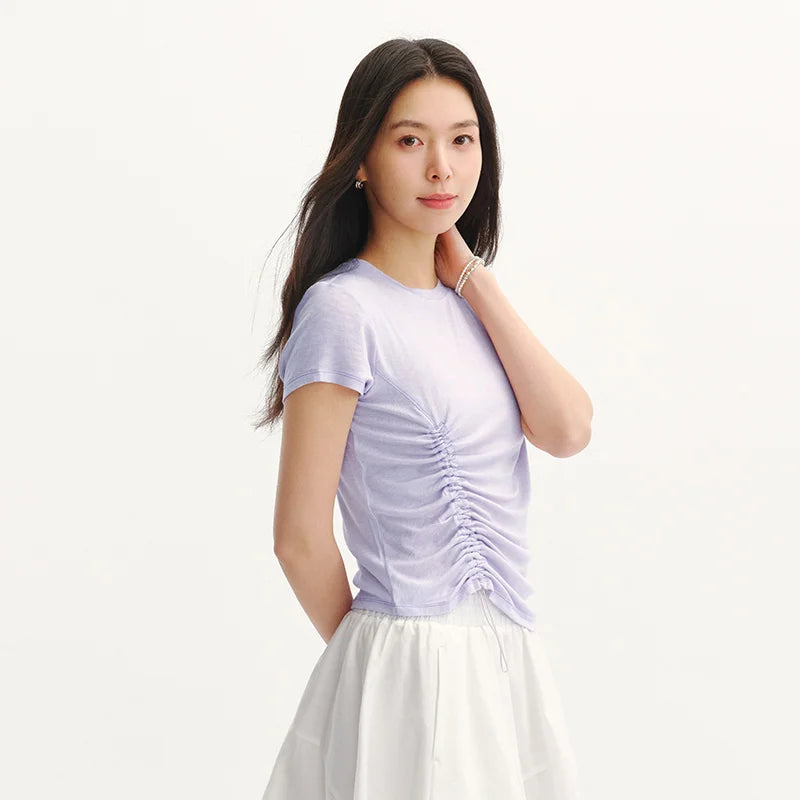 Semir Womens Tshirt 2026 Short Style Drawstring Ruched Solid Slim Crew Neck Gentle Style Casual
