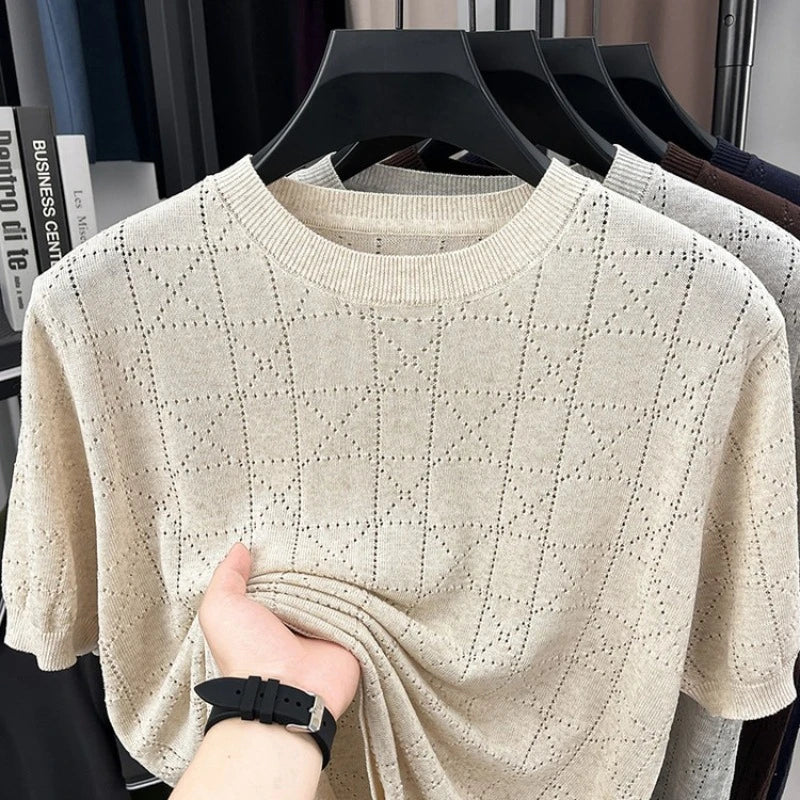 Men's Linen Blend Short Sleeve Sweater | Lightweight Breathable Hollow Out Knit | Summer Crew Neck Cool T-Shirt Top