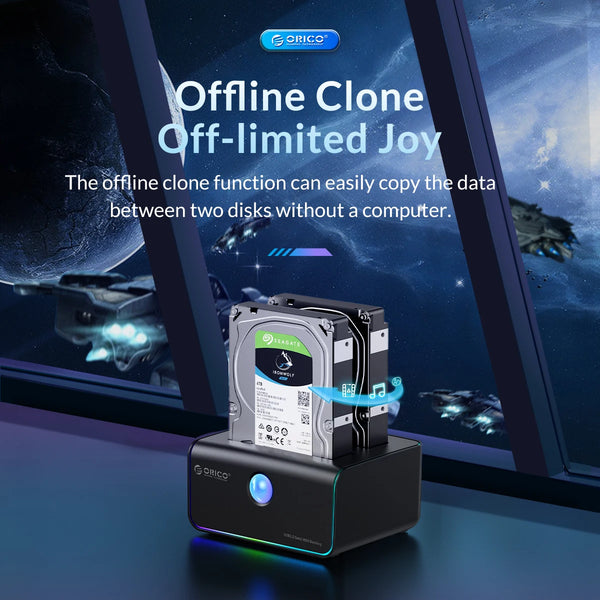 ORICO RGB Light 2-bay Type-C 10Gbps Hard Disk Docking Station for Game Enthusiast with Auto-Sleep Offline Clone Hard Disk Case