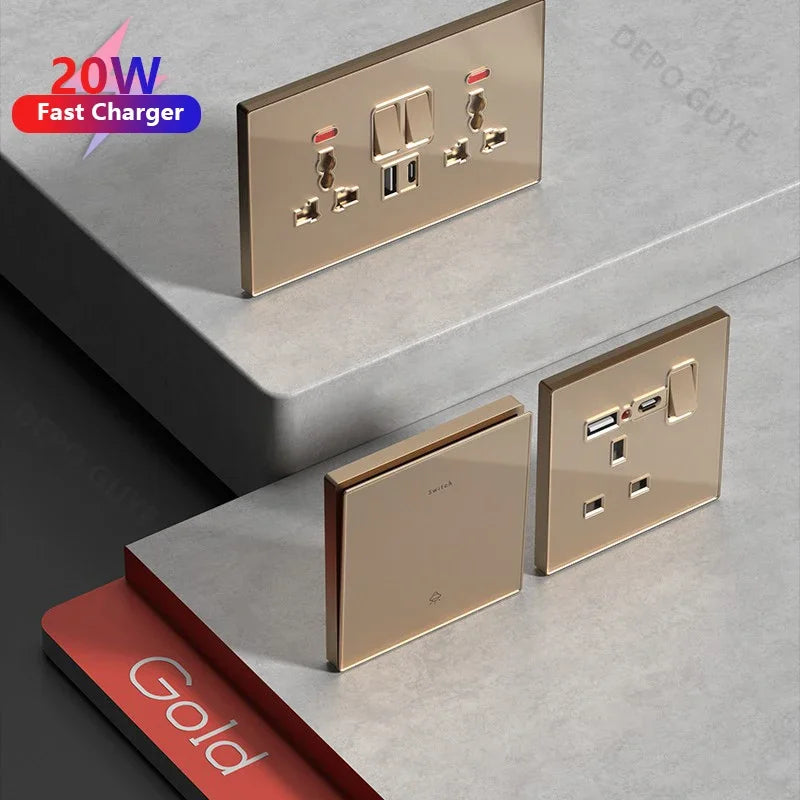Deluxe Gold Tempered Glass Universal Dual power outlet,UK 13A Wall plug socket with 20W Fast charge,Home Electrical Light Switch