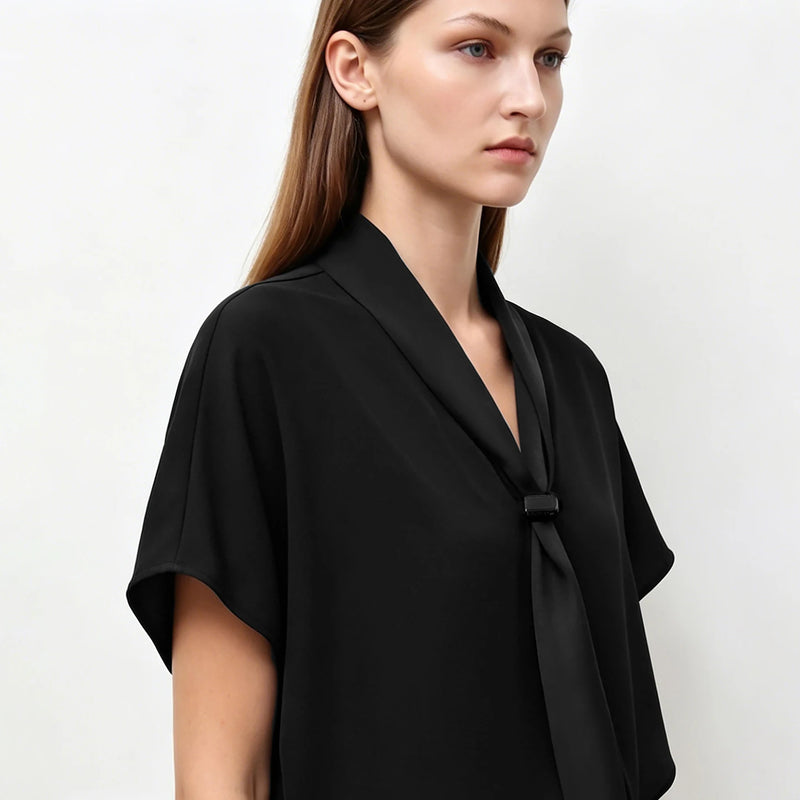 Amii Women's Elegant Blouses 2026 Summer New Patchwork Dolman Sleeve Chiffon Top Tie Neck Loose Casual Women's Clothing 12612016