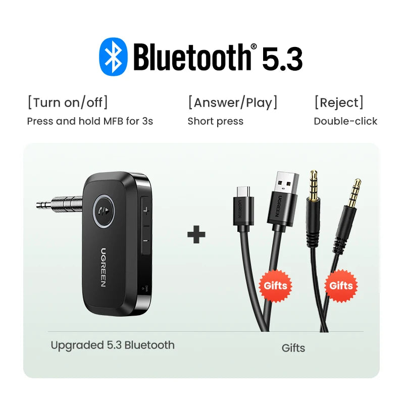 UGREEN Bluetooth Car Receiver Adapter 3.5mm AUX Jacks for Car Speakers Audio Music Receiver Hands Free Bluetooth 5.3 Adapter