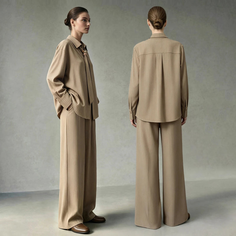 អាវ Amii សាមញ្ញសម្រាប់នារី ឆ្នូតទាន់សម័យរដូវស្លឹកឈើជ្រុះ ខោជើងវែងរលុង ខោជើងវែងធម្មតា 12623109