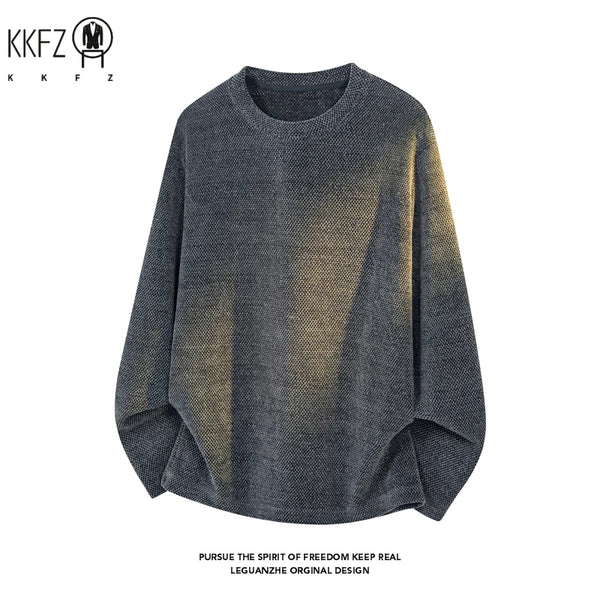 Mens Textured Knit Crew Neck Pullover Long Sleeve Washed Gradient Effect Relaxed Cut For Layered Styling Outfit