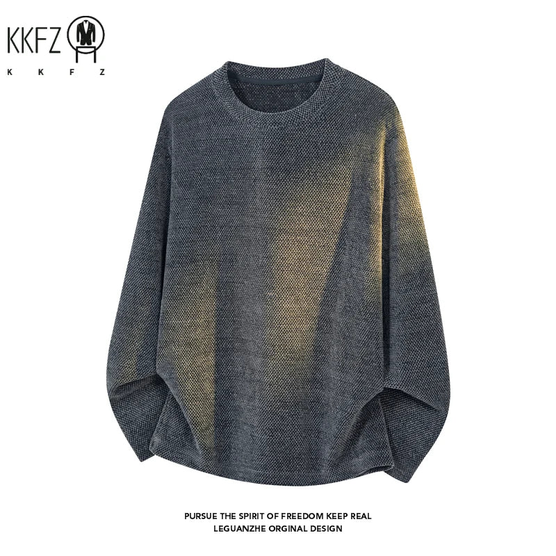 Mens Textured Knit Crew Neck Pullover Long Sleeve Washed Gradient Effect Relaxed Cut For Layered Styling Outfit