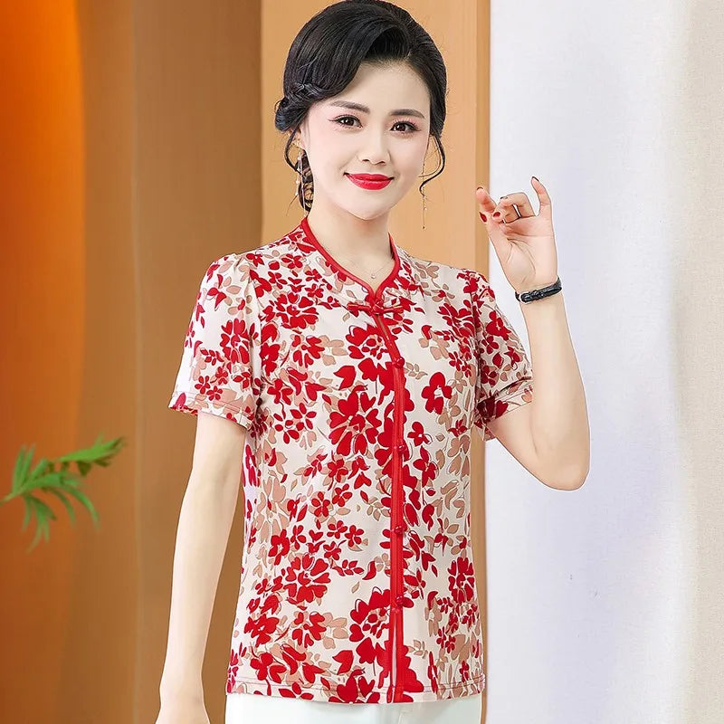 អាវយឺតដៃខ្លីបោះពុម្ពម៉ូដសម្រាប់នារីរដូវក្តៅធម្មតា កអាវឈីប៉ាវបែបវីនថេច សម្រាប់សម្លៀកបំពាក់នារី