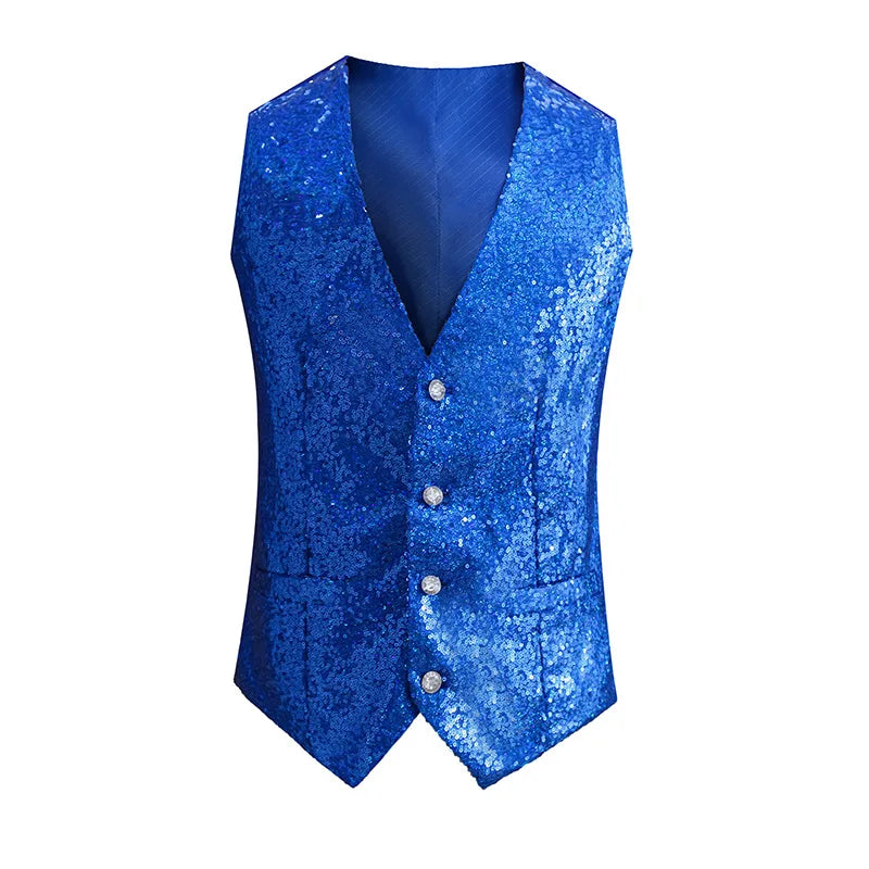 2026 New Men's Red Shiny Sequins Single Breasted Sleeveless Vest, V-Neck Waistcoat Gold Black White Blue Purple Available M-XXXL