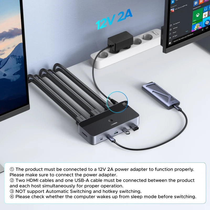 UGREEN HDMI KVM Switch for 2 Monitor 2 PCs 4K 8K 60Hz USB C USB 3.0 Sharing Monitor Keyboard Mouse Printer with HDR 3D Support
