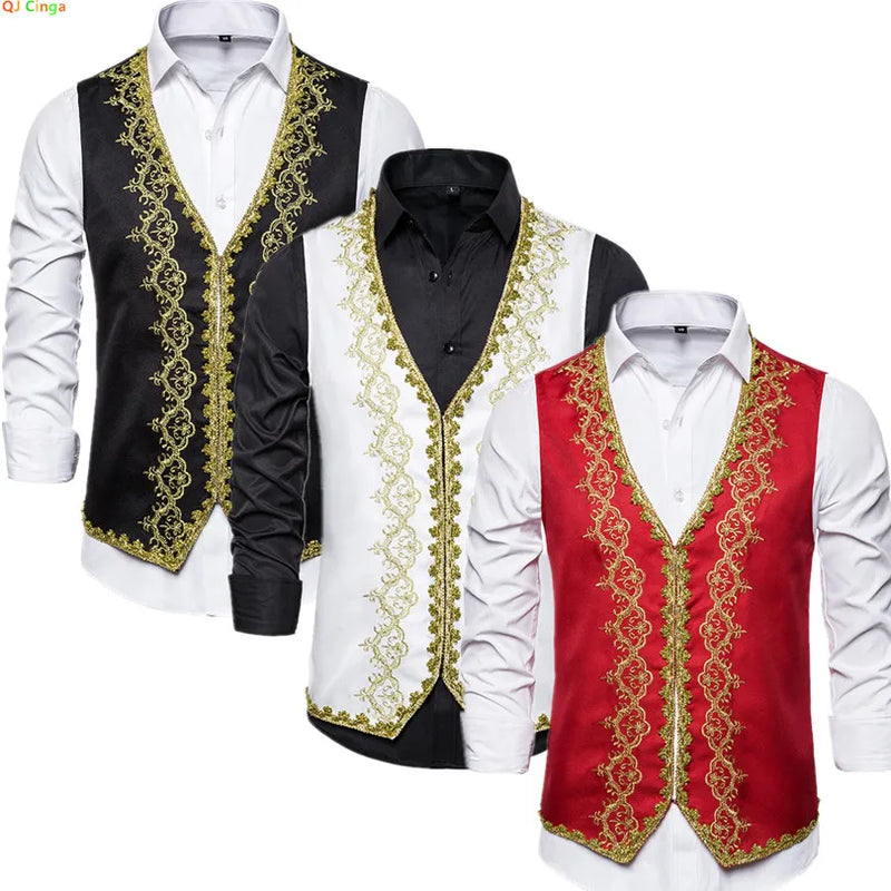2026 Men's Red-Gold Embroidered Vest Jacket, White Court/Studio Waistcoat, Black Opera Stage Performance Sleeveless Vests Coat