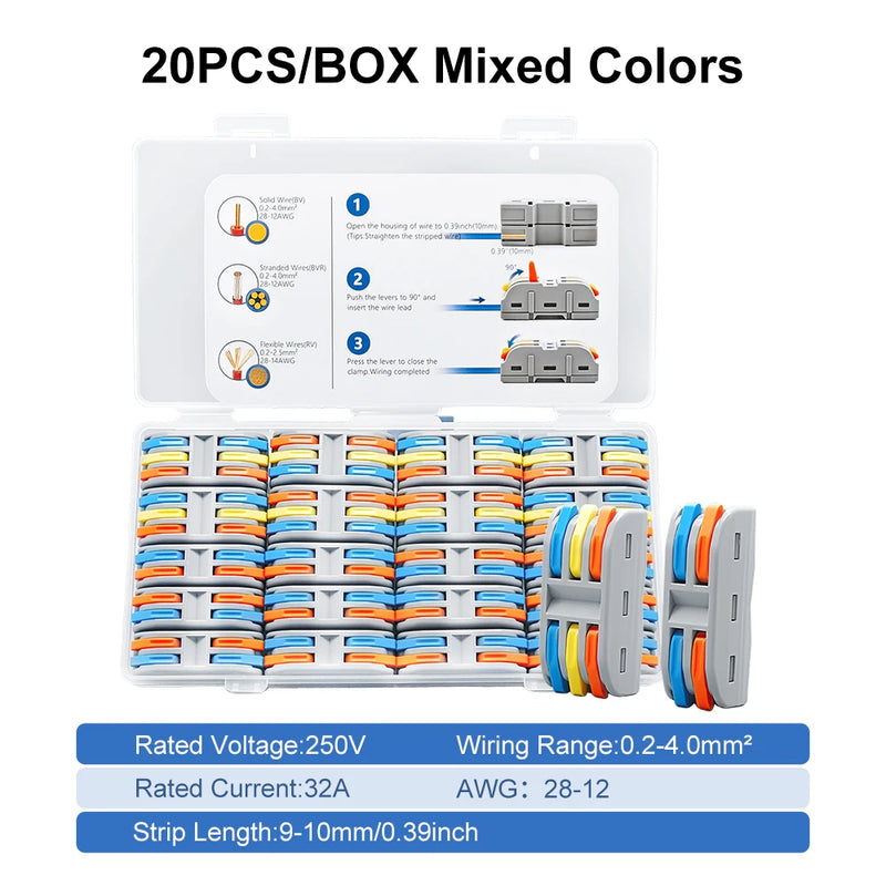 TOMZN Quick Lever Wire Connector 2IN 2OUT 12PCS 3IN 3OUT 8PCS For BV BVR RV 28-12AWG 250V 32A 0.2-4mm2