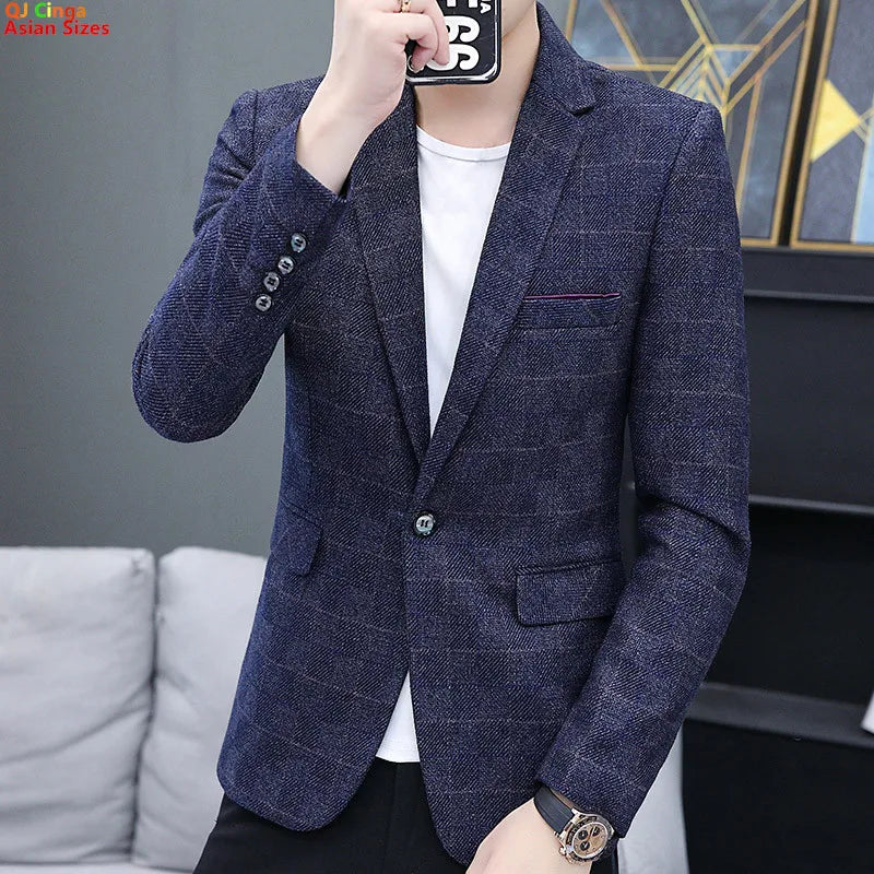 Men's Blue Striped Blazer in Asian Sizes,Gray Single-button V-neck Jacket, Slim-fit Tops for Weddings,Parties, The Office, Wear.