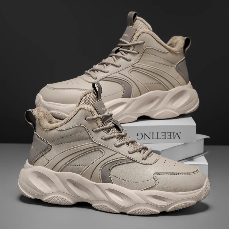 Mens Sports Shoes 2025 New High Top Velvet Warm Leather Color Matching Anti Slip Daily Commuting Trendy Casual Sneakers Man