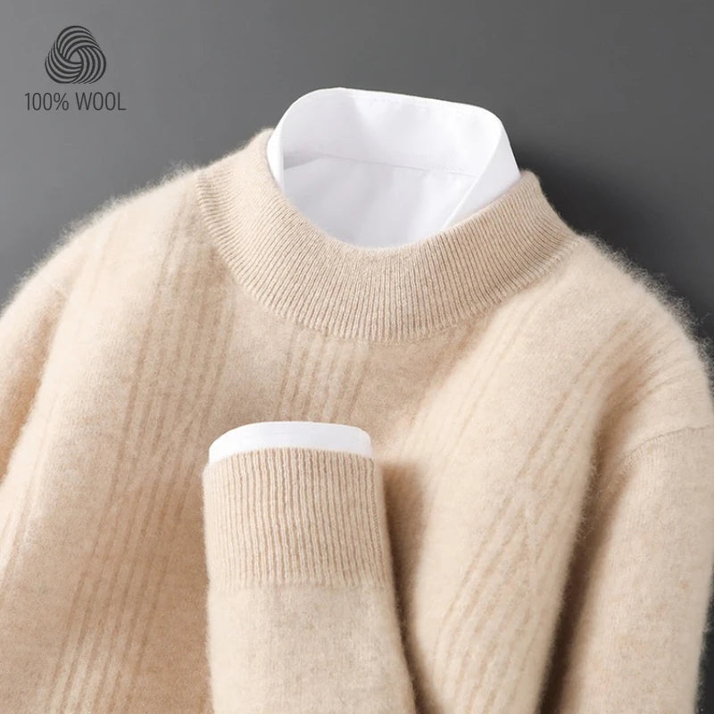 Men's 100% Wool Sweater,  Soft and Warm High-neck Wool Pullover Fine Vertical Stripe