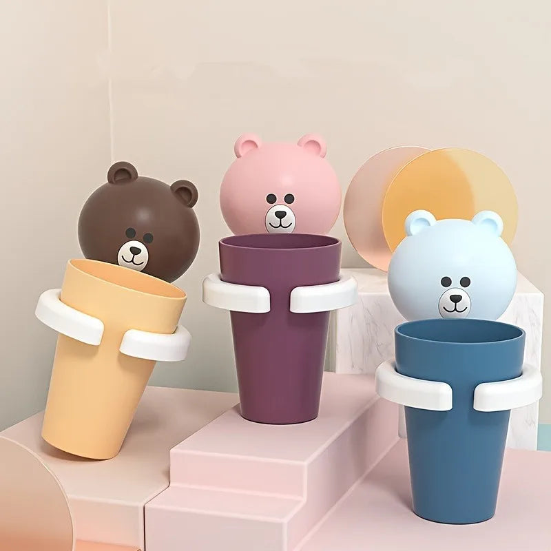 1pc Adorable Bear Wall-Mounted Toothbrush Holder with Gargle Cup,No Drill,Space-Saving,Bathroom Organizer.Tooth cup holder.