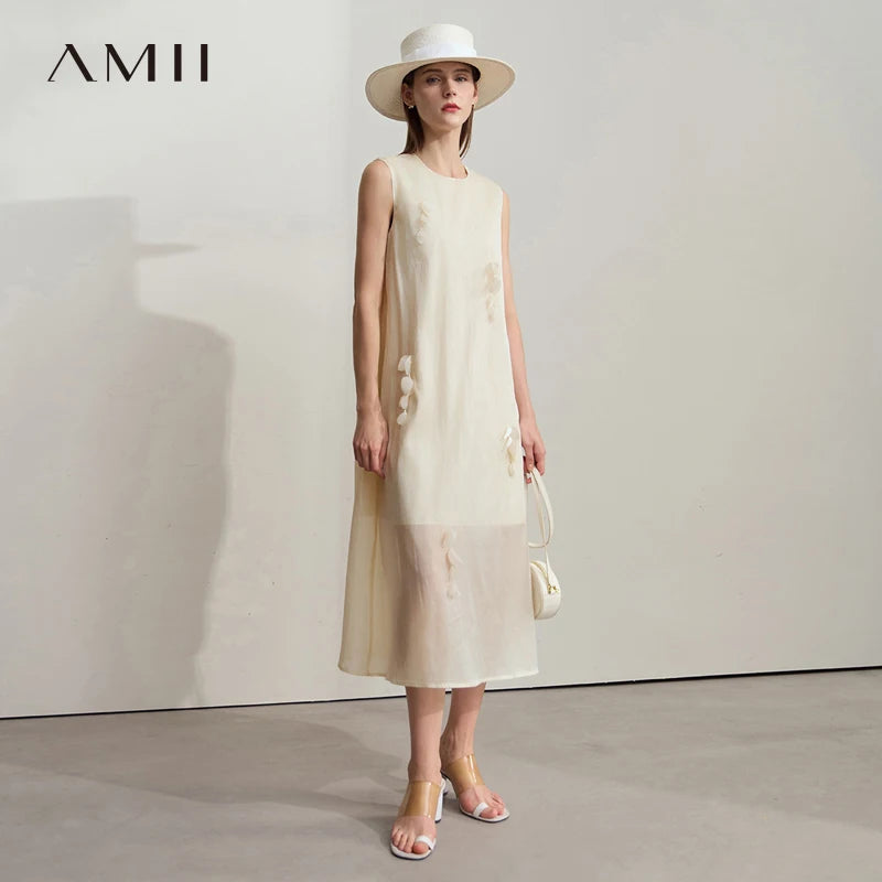 រ៉ូបនារី Amii ពណ៌សាមញ្ញ ធ្វើពីសូត្រ Mulberry លាយកប្បាស ដៃខ្លី មានលំនាំផ្កាបីវិមាត្រ 12542104