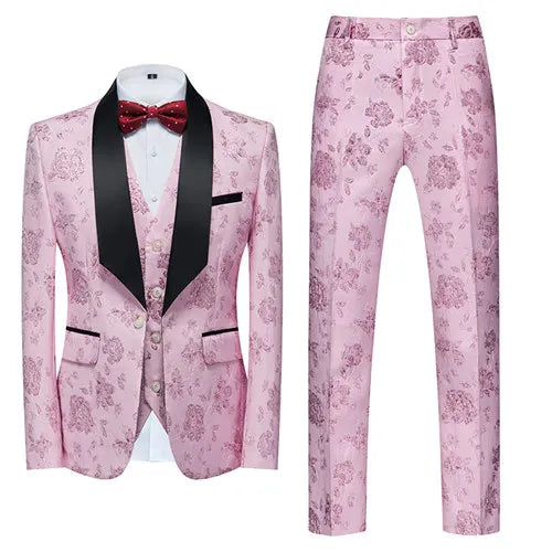 Men's Blue Jacquard Fabric Suit 3-Piece, Fashion Slim-Fit Blazer Jacket Trousers Vest, Spring  Autumn New Men Sets, Asian Size