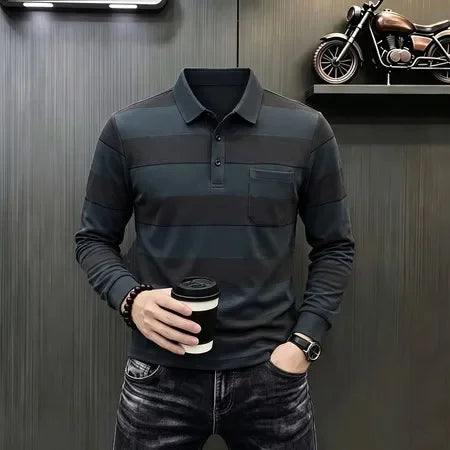 Autumn Basic Long Sleeve Polo Men Turn Down Collar Stripe Pattern Material Easy Matching Daily Commute Apparel