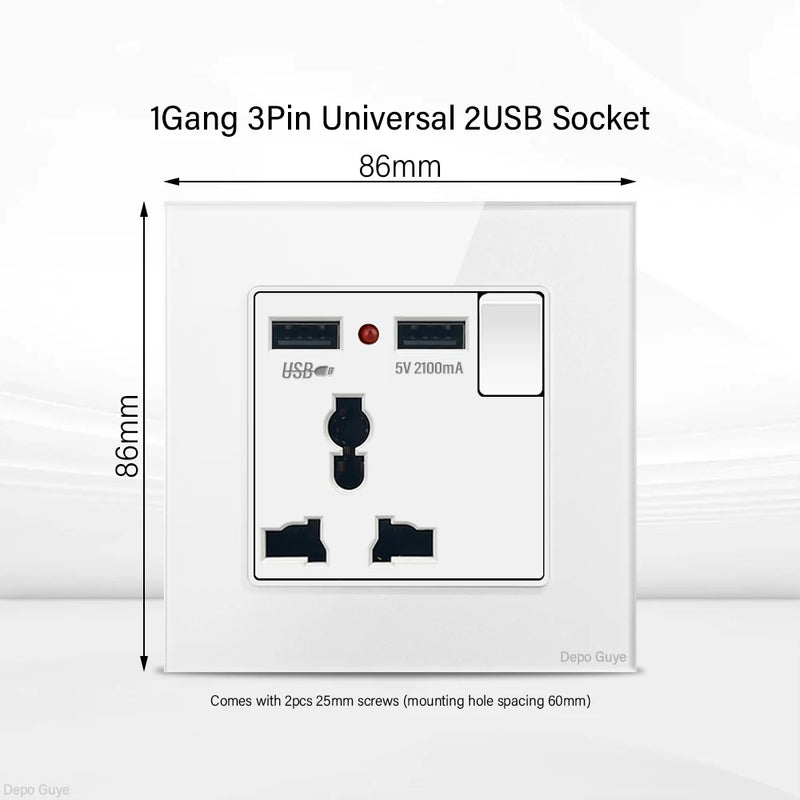 UK Standard 18W Type-C Fast Charging Universal Dual 3pin Power Outlet,White Tempered glass Wall light Switch Panel  For Home