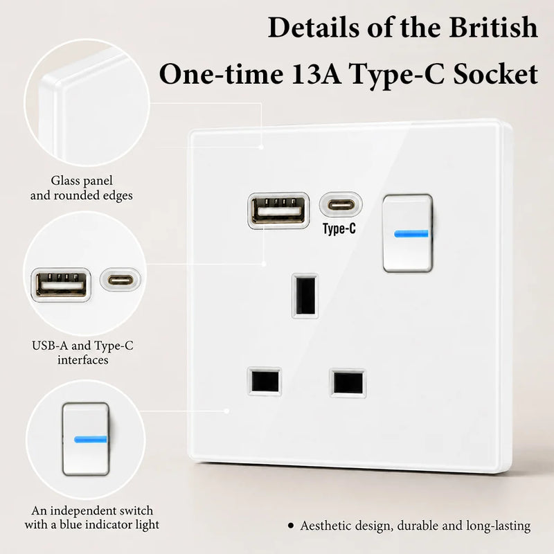 White UK 230V Tempered Glass Touch Light Switch Socket LED Wall Panel Smart Home Switches Socket Manufacturer Wholesale Supplier