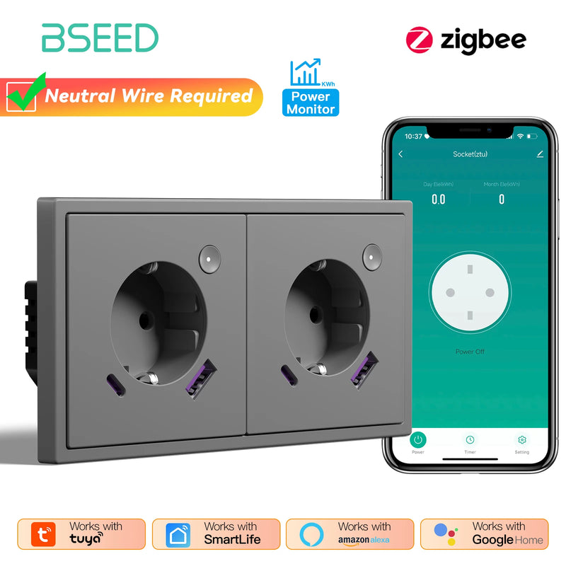 BSEED E Series Zigbee Socket Smart Power Monitor Socket 20W Fast Charge USB Type-C Port Tuya Smart Life Control Plastic Frame