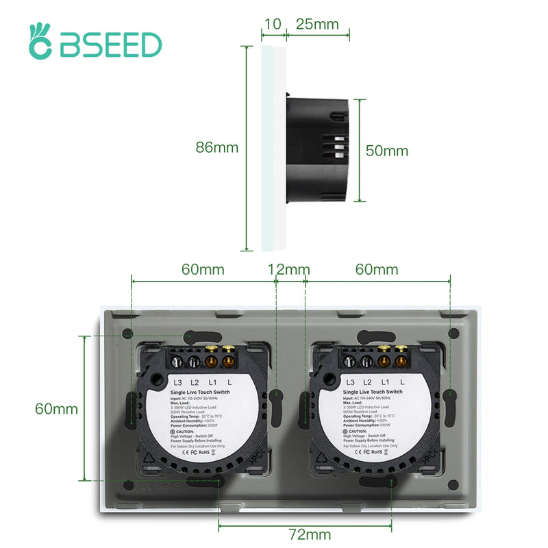 BSEED Double Light Switches Touch Sensor Wall Switch Glass 2Gang 1Way Switches Dark Blacklight White Black Golden 300W/Gang